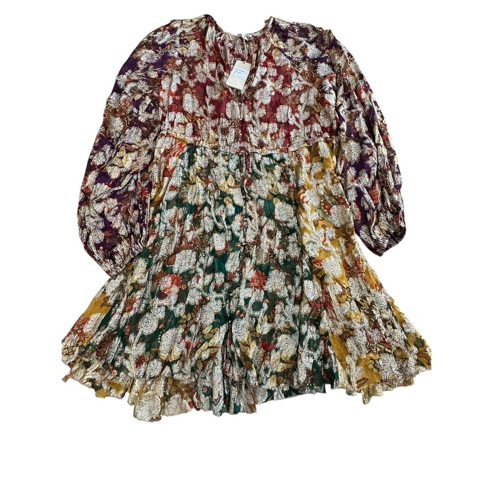 Anthropologie Let Me Be Dress Medium Gold Rainbow Floral Boho Long Sleeve AB14-1 - Picture 8 of 13